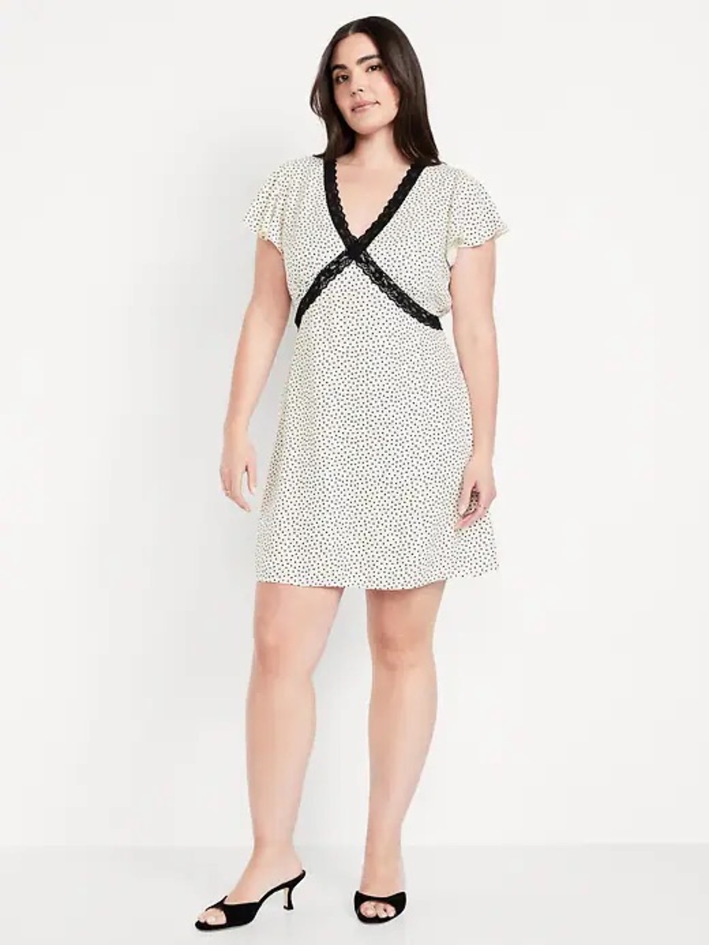 Old Navy Fit & Flare Crepe Lace Trim Polka Dot Mini Dress NWT White Black XXL